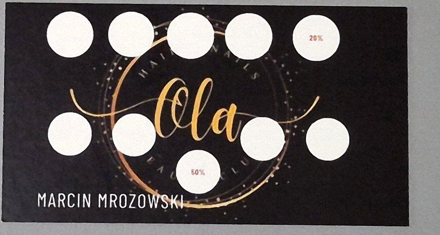 Karta rabatowa Marcina Mrozowskiego — dziesięć pól na pieczątki, przy piątym rabat 20%, przy dziesiątym 50%